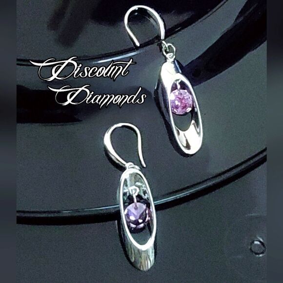 Round Pink Crystal Long Dangle Fishhook Earrings on 925 Silver - Picture 1 of 10